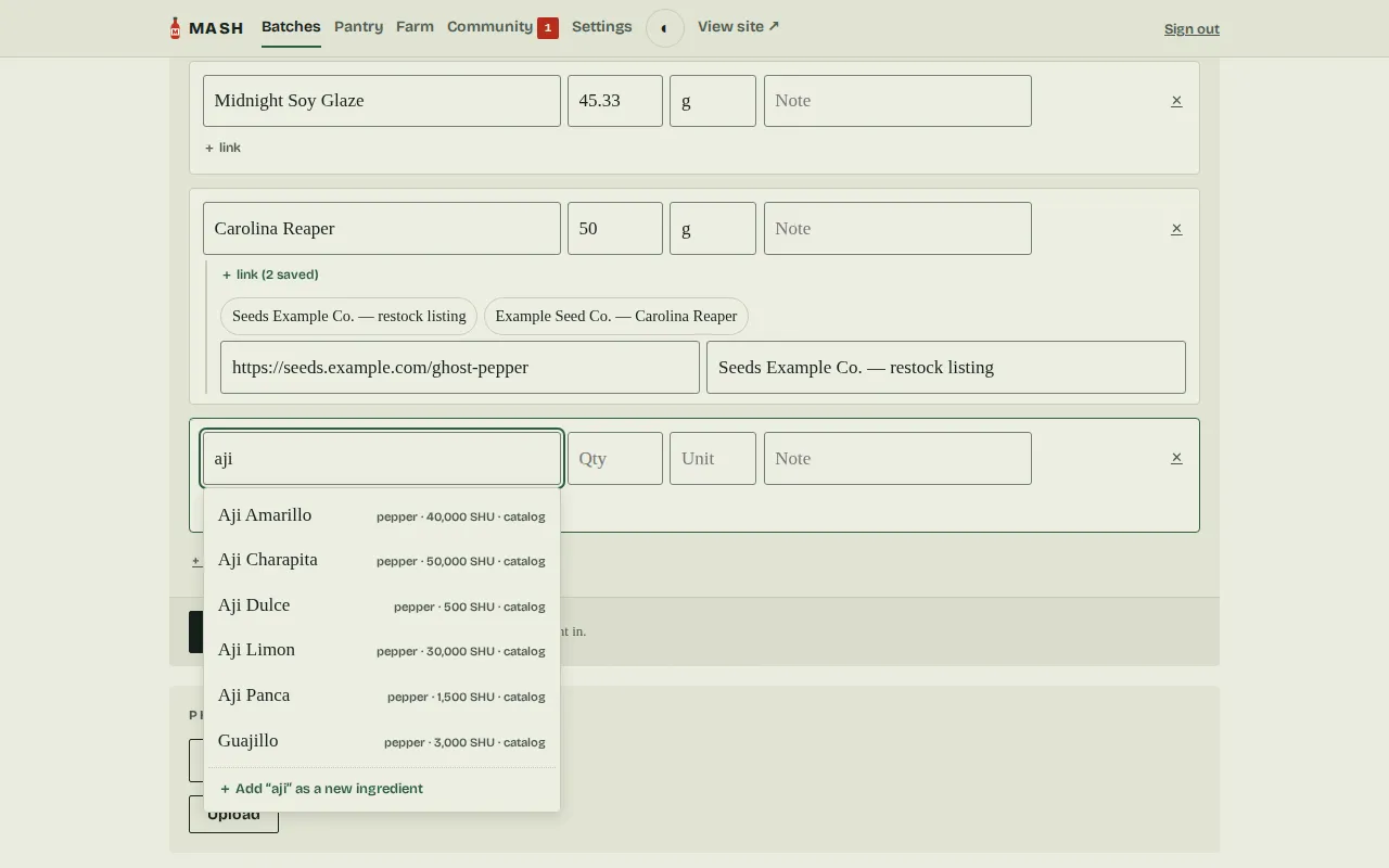 The autocomplete for the query 'aji' offering catalog suggestions — Aji Amarillo, Aji Charapita and friends — each tagged 'catalog' with its Scoville rating.