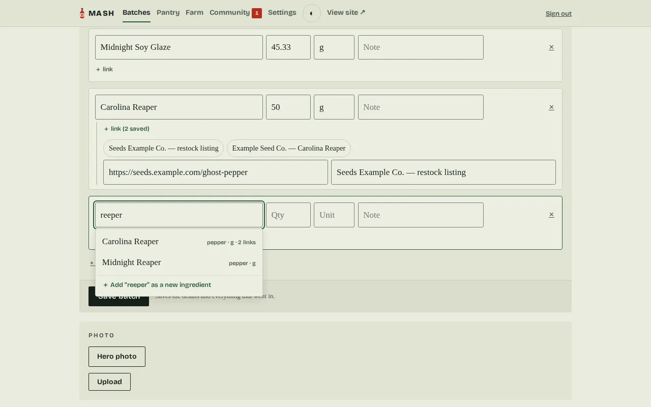 The ingredient autocomplete open over a batch row: the misspelled query 'reeper' still matching Carolina Reaper, and an option to add 'reeper' as a new ingredient.