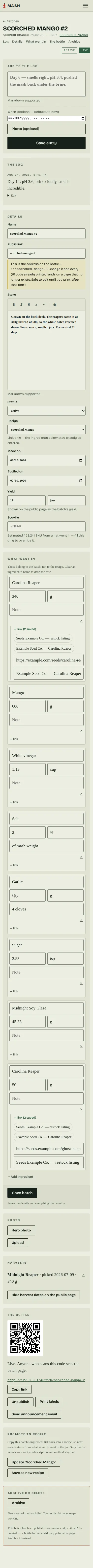 The admin batch page at phone width: the ingredient rows stacked into full-width fields and a burger menu in place of the desktop nav.
