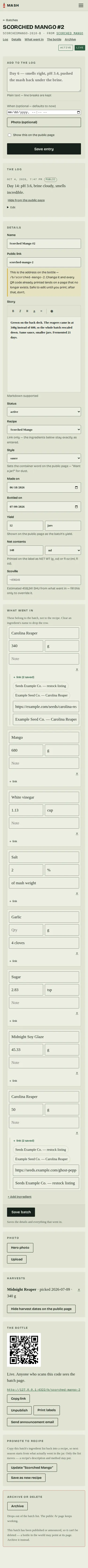The admin batch page at phone width: the ingredient rows stacked into full-width fields and a burger menu in place of the desktop nav.
