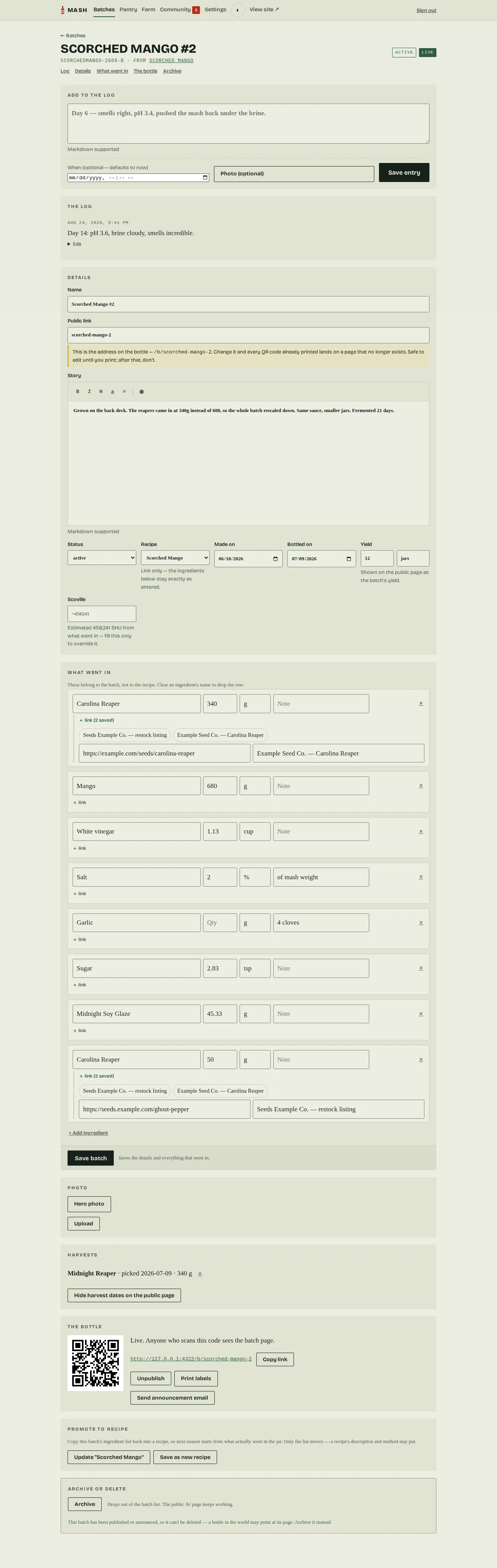The admin batch page: editable ingredient list, dates, journal entries, a yield field, and a Harvests card with a linked pick.