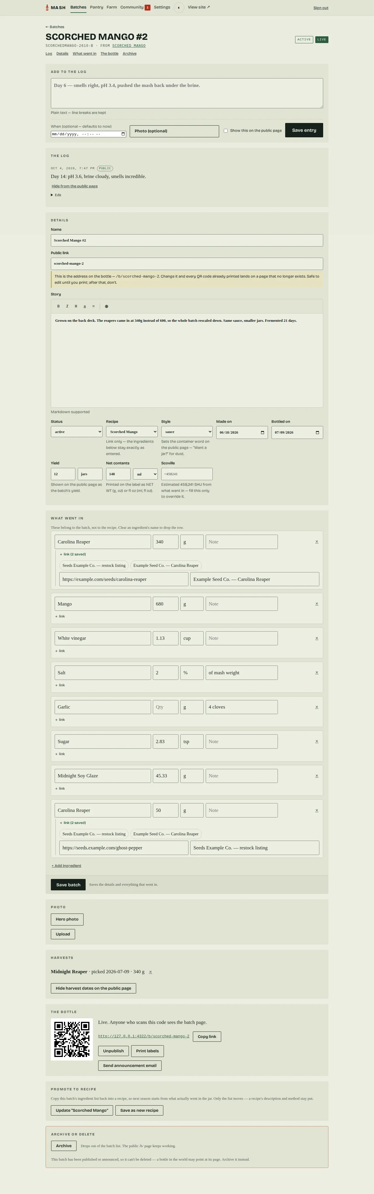 The admin batch page: editable ingredient list, dates, journal entries, a yield field, and a Harvests card with a linked pick.