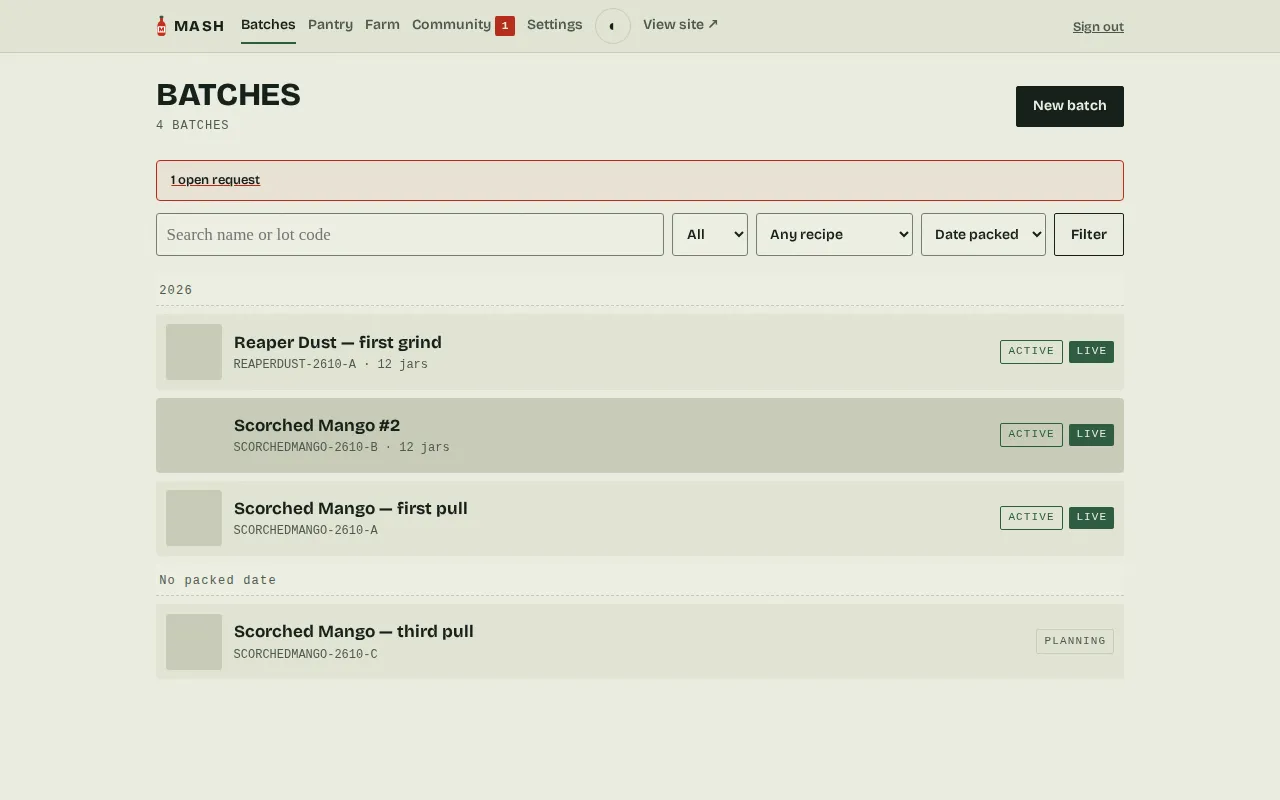 The admin batch list sorted by bottled date: an attention strip flagging one open bottle request, the filter bar with search, live/draft, recipe and sort controls, and rows grouped under sticky year headers.