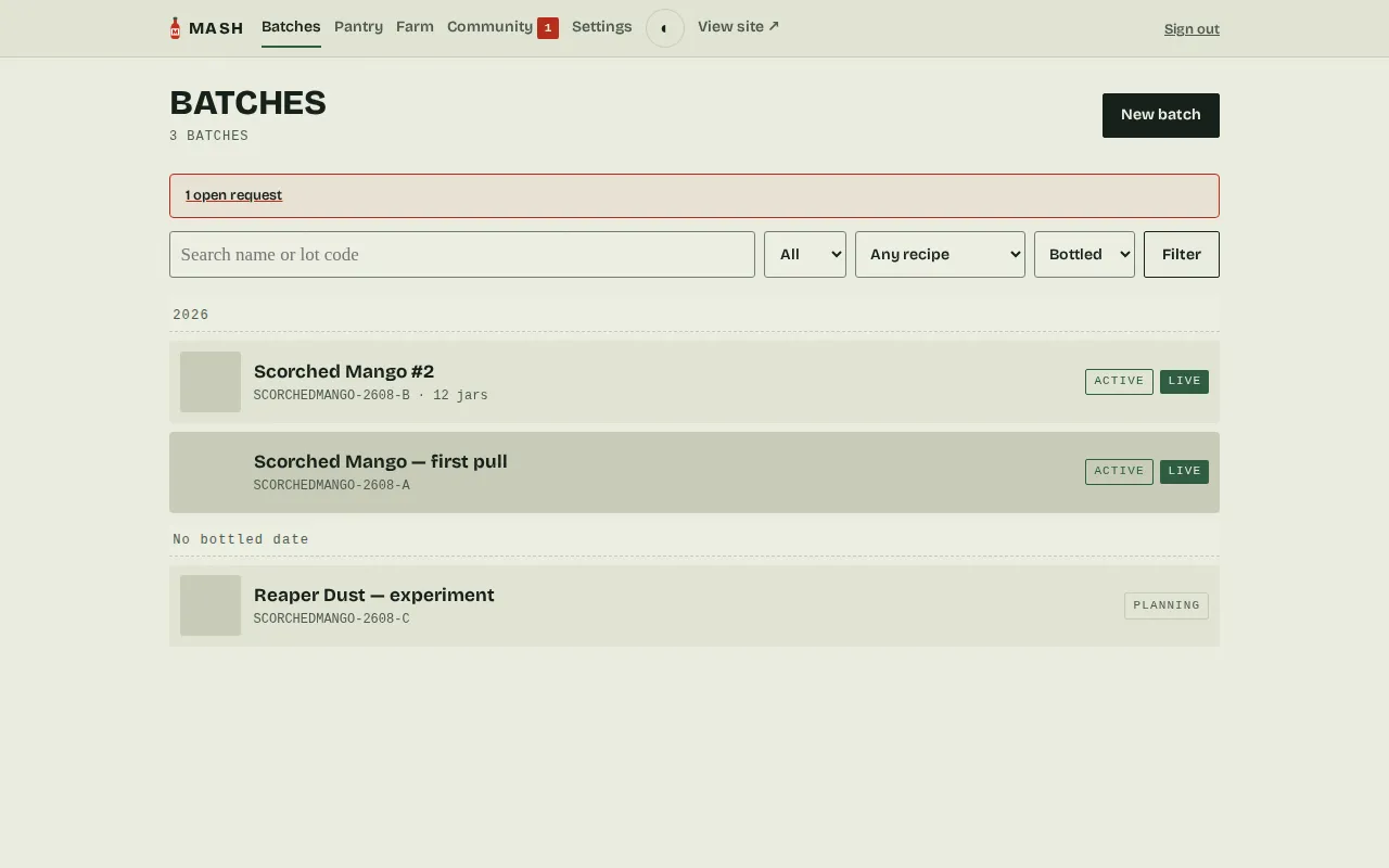 The admin batch list sorted by bottled date: an attention strip flagging one open bottle request, the filter bar with search, live/draft, recipe and sort controls, and rows grouped under sticky year headers.