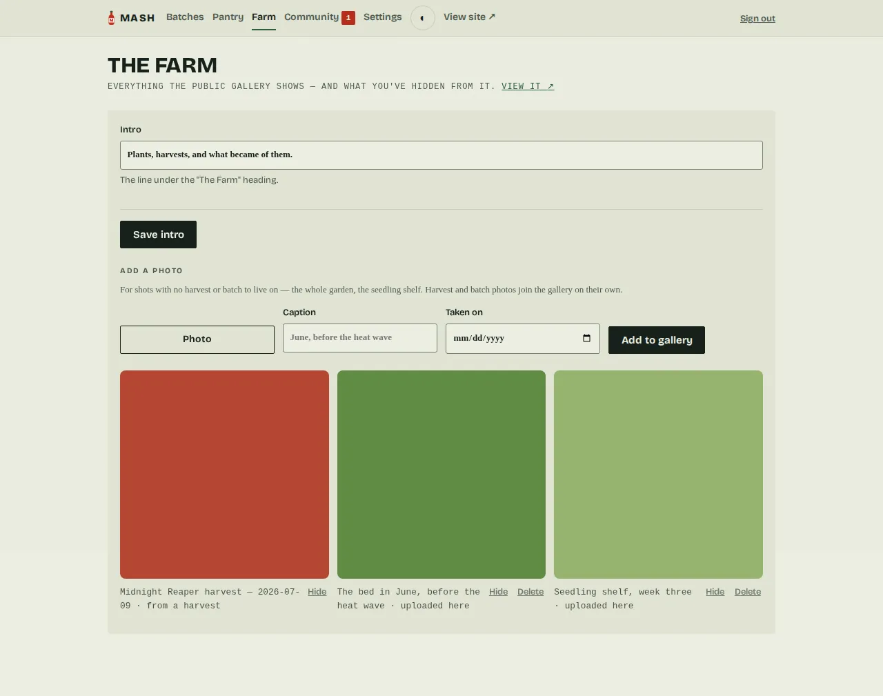 The admin Farm page: an upload form, then the same photo wall with hide and delete controls on each tile.