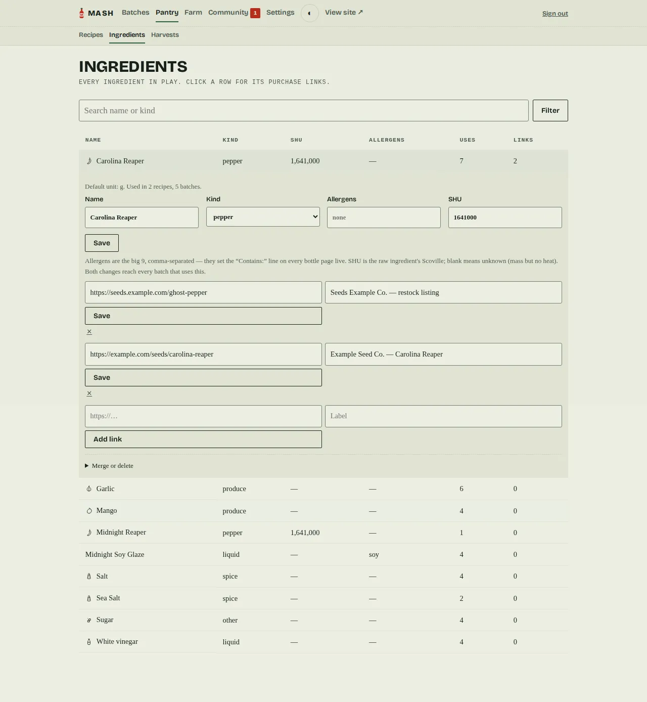 The admin Ingredients page: a row expanded in place to edit the ingredient's name, kind, allergens, and Scoville, with its saved purchase links and a merge-or-delete disclosure.
