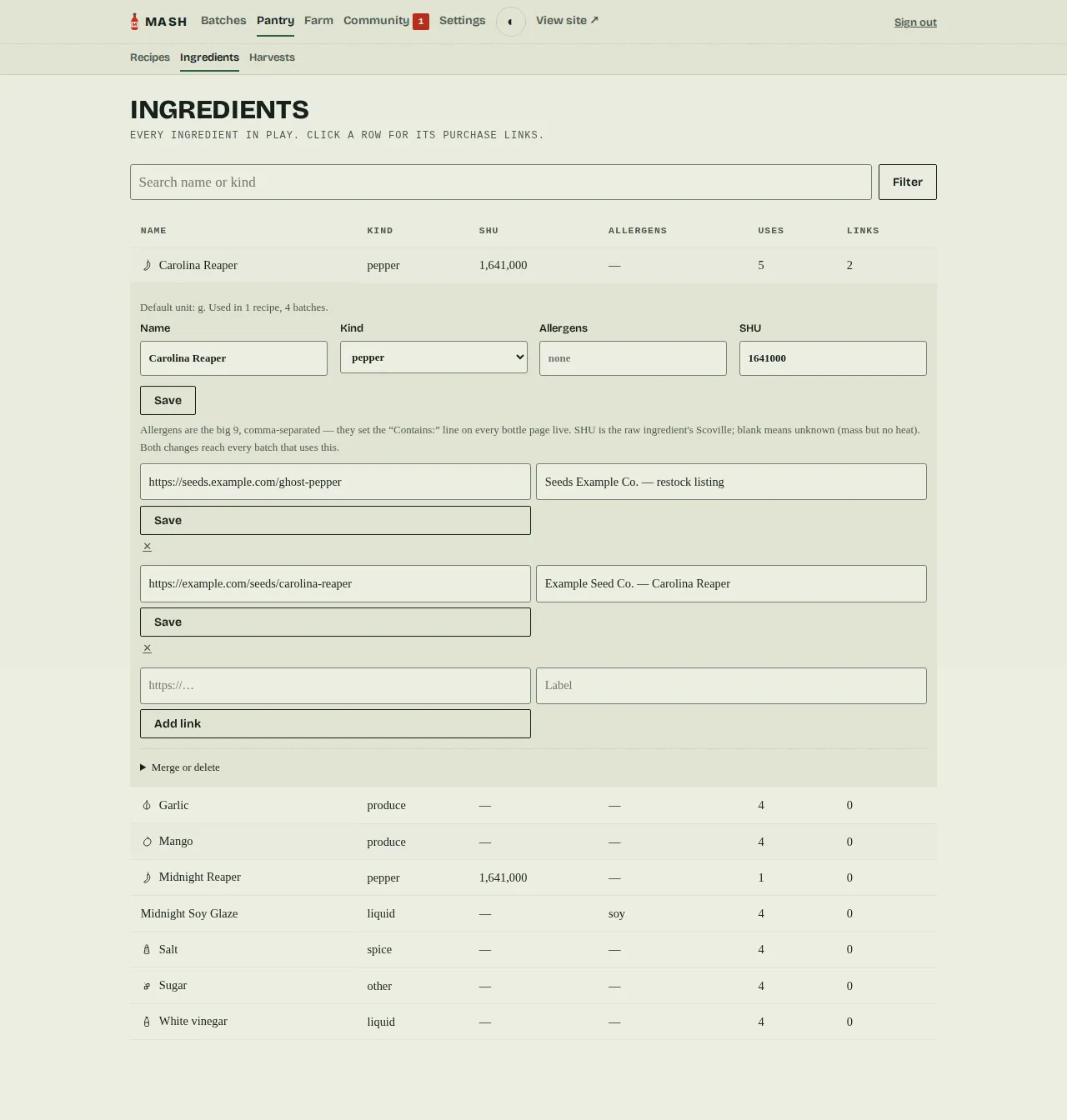 The admin Ingredients page: a row expanded in place to edit the ingredient's name, kind, allergens, and Scoville, with its saved purchase links and a merge-or-delete disclosure.