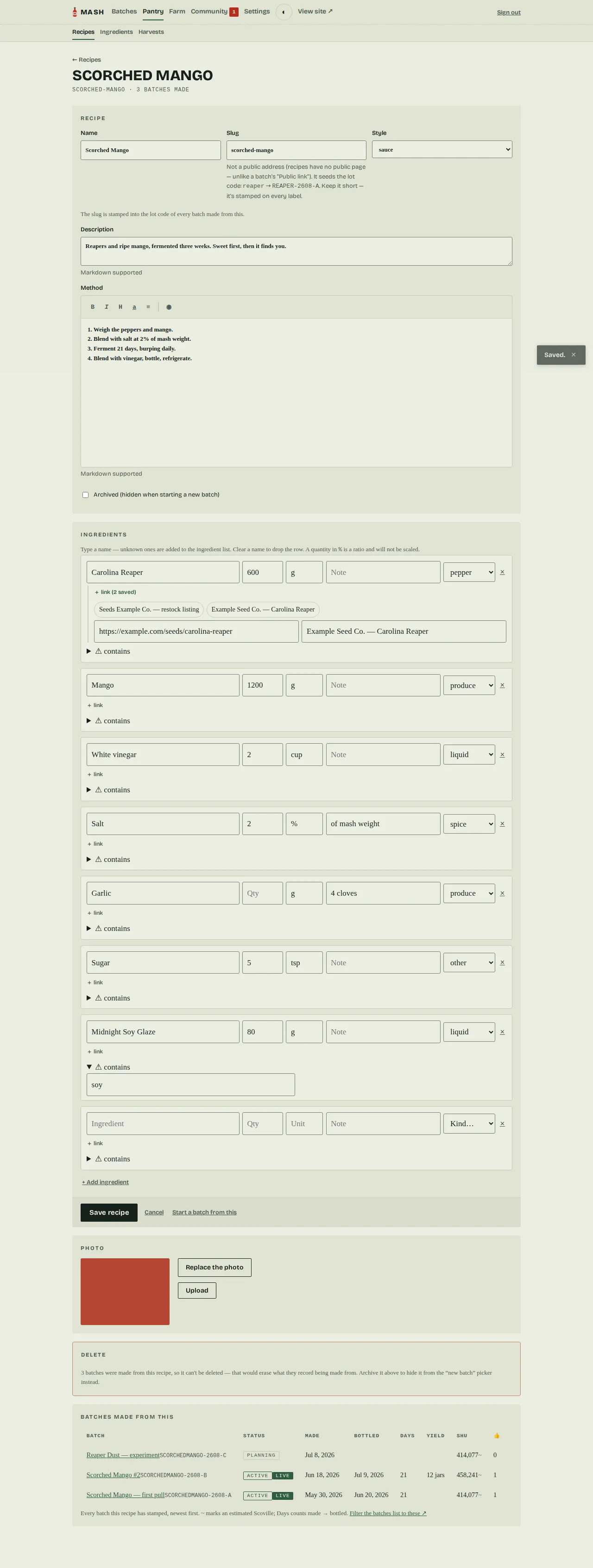 The admin recipe form: ingredients with quantities, kinds, a seed link, and the method.