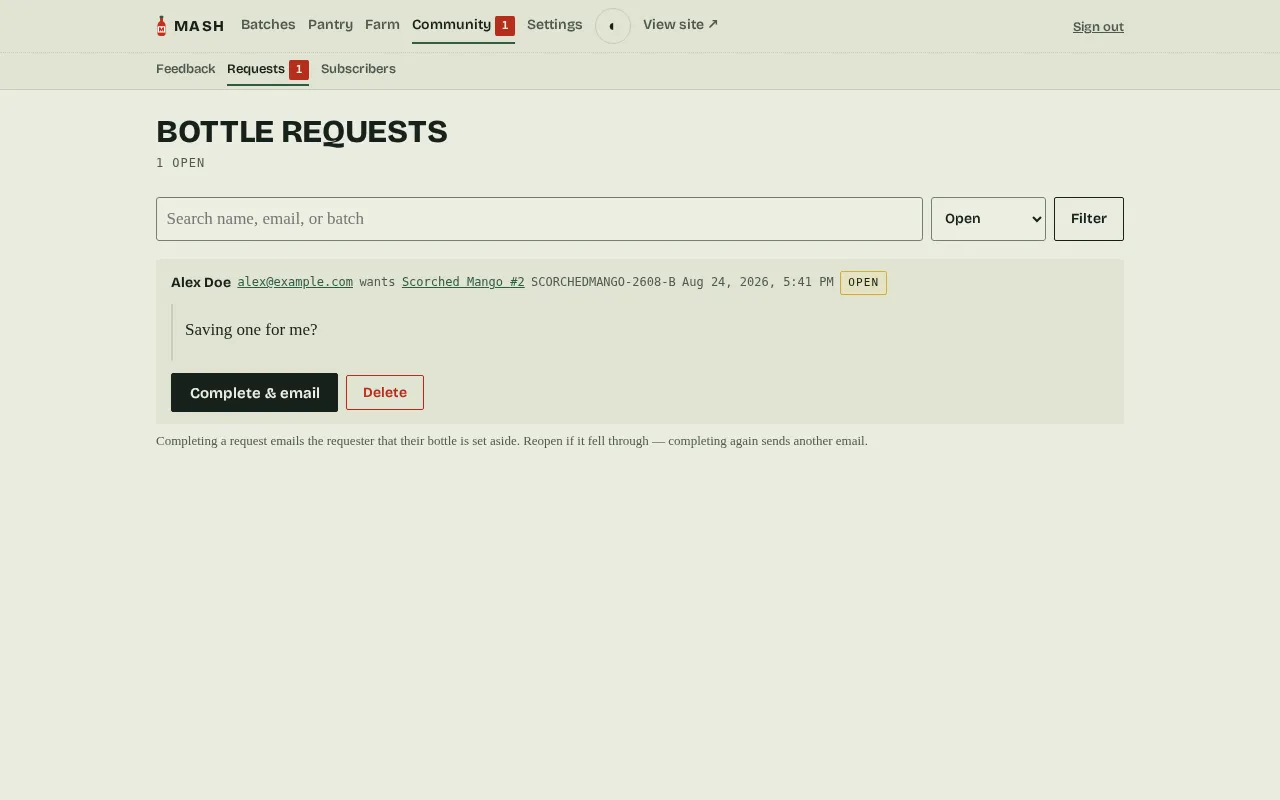 The admin Requests page: one open bottle request showing a name, email, the batch it's for, an optional note, and Complete and Delete buttons.