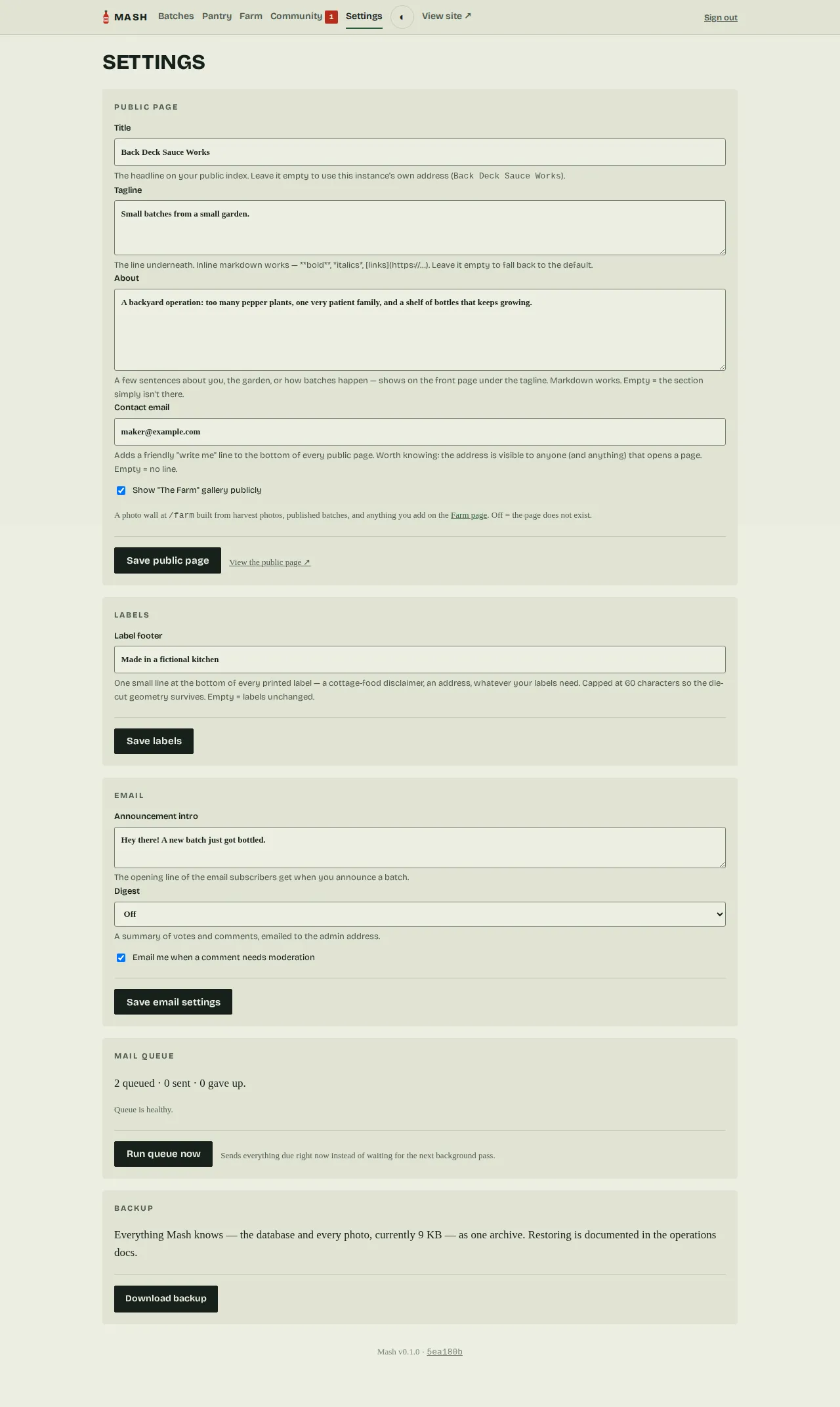 The admin Settings page, split into cards: public page copy, email preferences, and a Backup card showing the current backup size and a Download backup button.