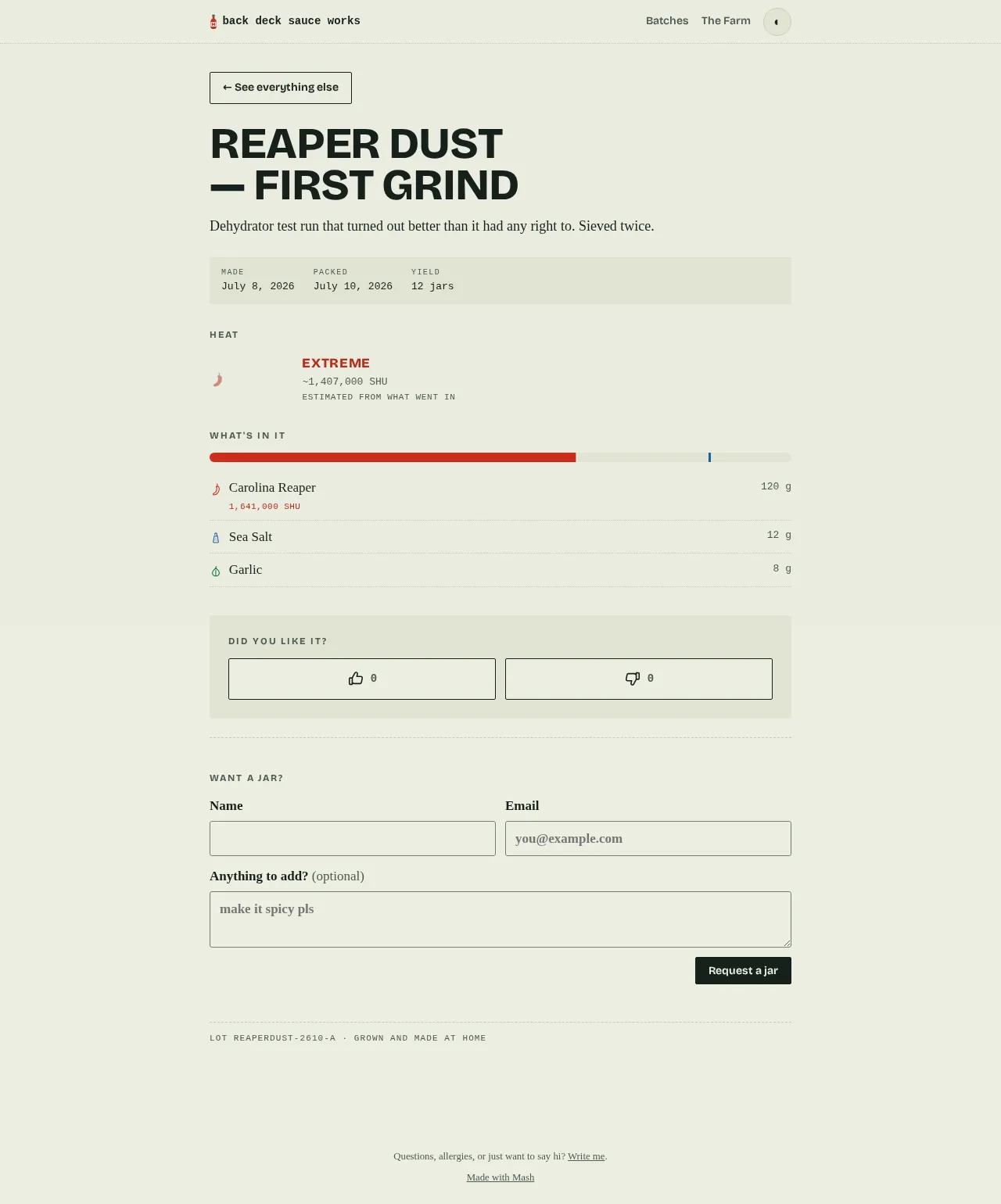 A public batch page for a dust batch: the request form reads 'Want a jar?' and the date stamp reads 'Packed', instead of the sauce batch's 'Want a bottle?' and 'Bottled'.