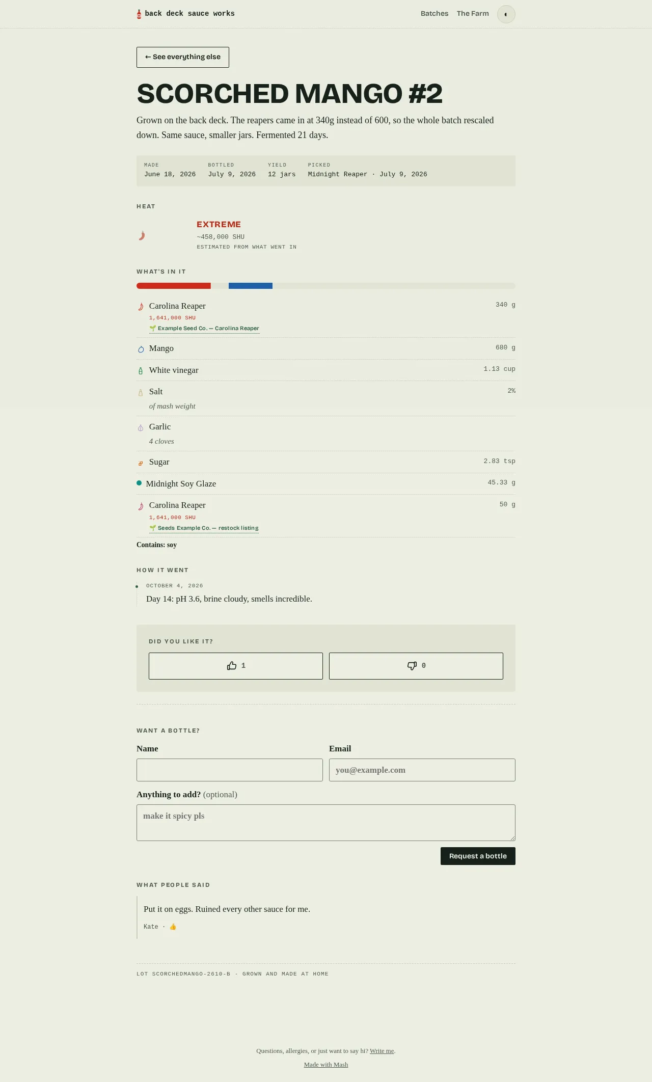 A public batch page: story, heat gauge reading Extreme at ~433,000 SHU, a composition bar, a Picked provenance line, vote buttons, and an approved comment.
