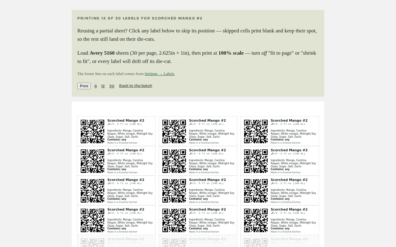The label sheet: a selectable grid of QR-code labels with heat lines.