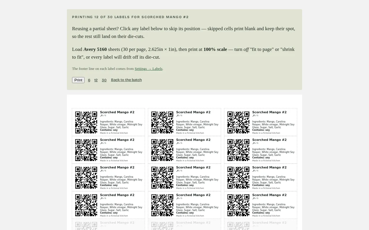 The label sheet: a selectable grid of QR-code labels with heat lines.