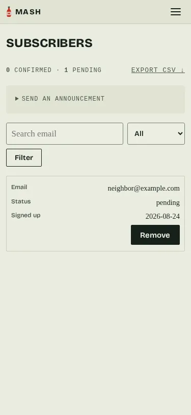 The admin Subscribers page at phone width: each subscriber shown as a stacked card with email, status, and signup date, instead of a table row.